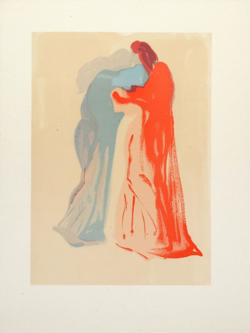 Salvador Dali - Dante and Beatrice: Artist: Salvador Dali Title: Dante and Beatrice Year: 1964 Dimensions: 13in. by 10.25in. Edition: One-of-a-kind work of art Suite: The Divine Comedy Medium: Original decomposition woodblock printed