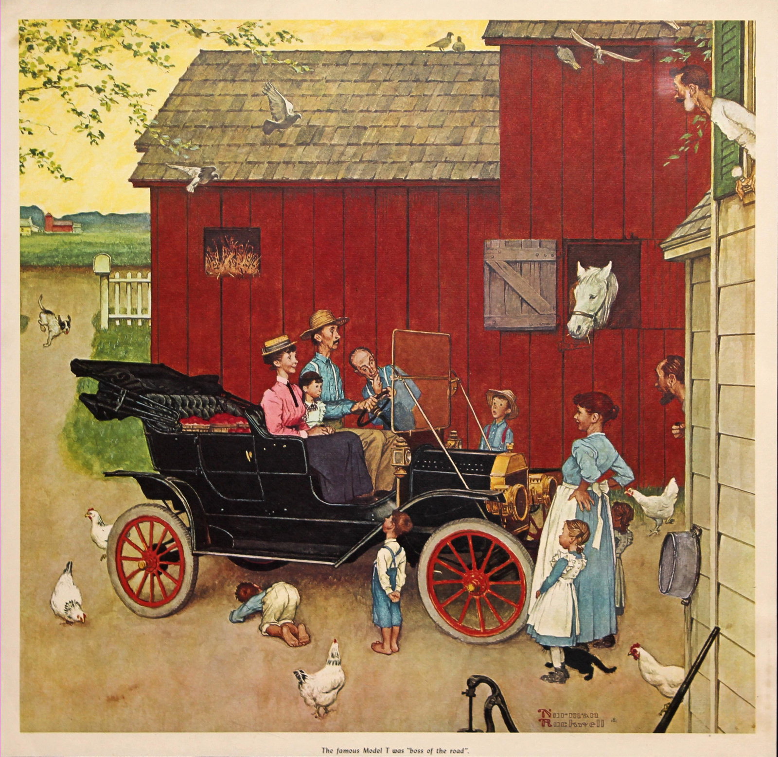 Norman Rockwell The Famous Model T was Boss of the Road: Artist: Norman Rockwell Title: The Famous Model T was "Boss of the Road" Medium: Offset lithograph from an original painting by Rockwell Size: 20" x 20" Year: 1953 COA provided. Guaranteed authentic.
