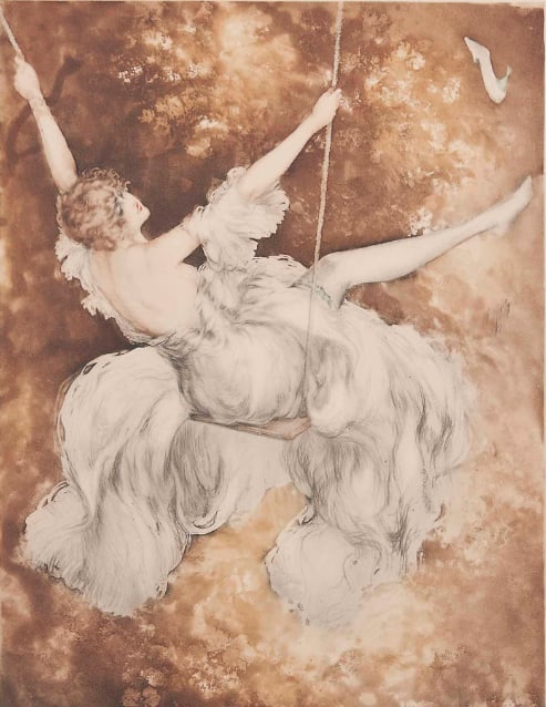 Louis Icart - The Swing (After Fragonard): Artist: Louis Icart Title: The Swing (After Fragonard) Year: 1928 Dimensions: 18.75in. by 13.12in. Edition: From the rare limited edition Medium: Original copperplate etching with hand watercolor on