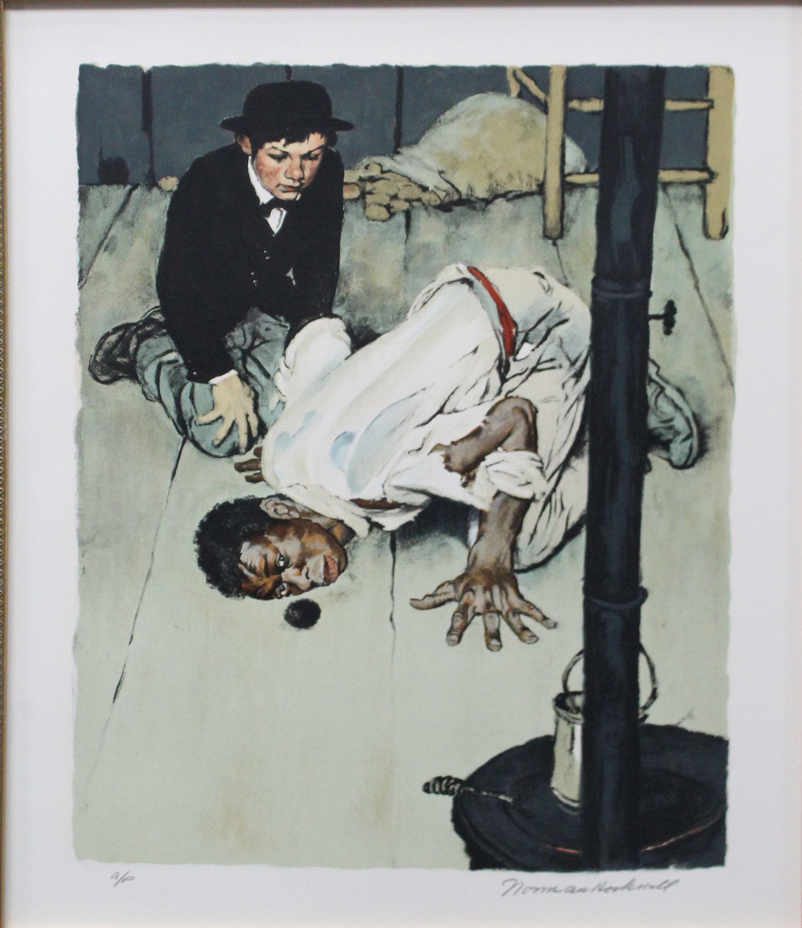 Norman Rockwell - Jim Listens: Artist: Norman Rockwell Title: Jim Listens Year: 1935 Dimensions: 26 x 20 in. Edition: from a limited edition of 200 Publisher: Suite: Huck Finn Medium: Color lithograph on paper Condition: Excellent