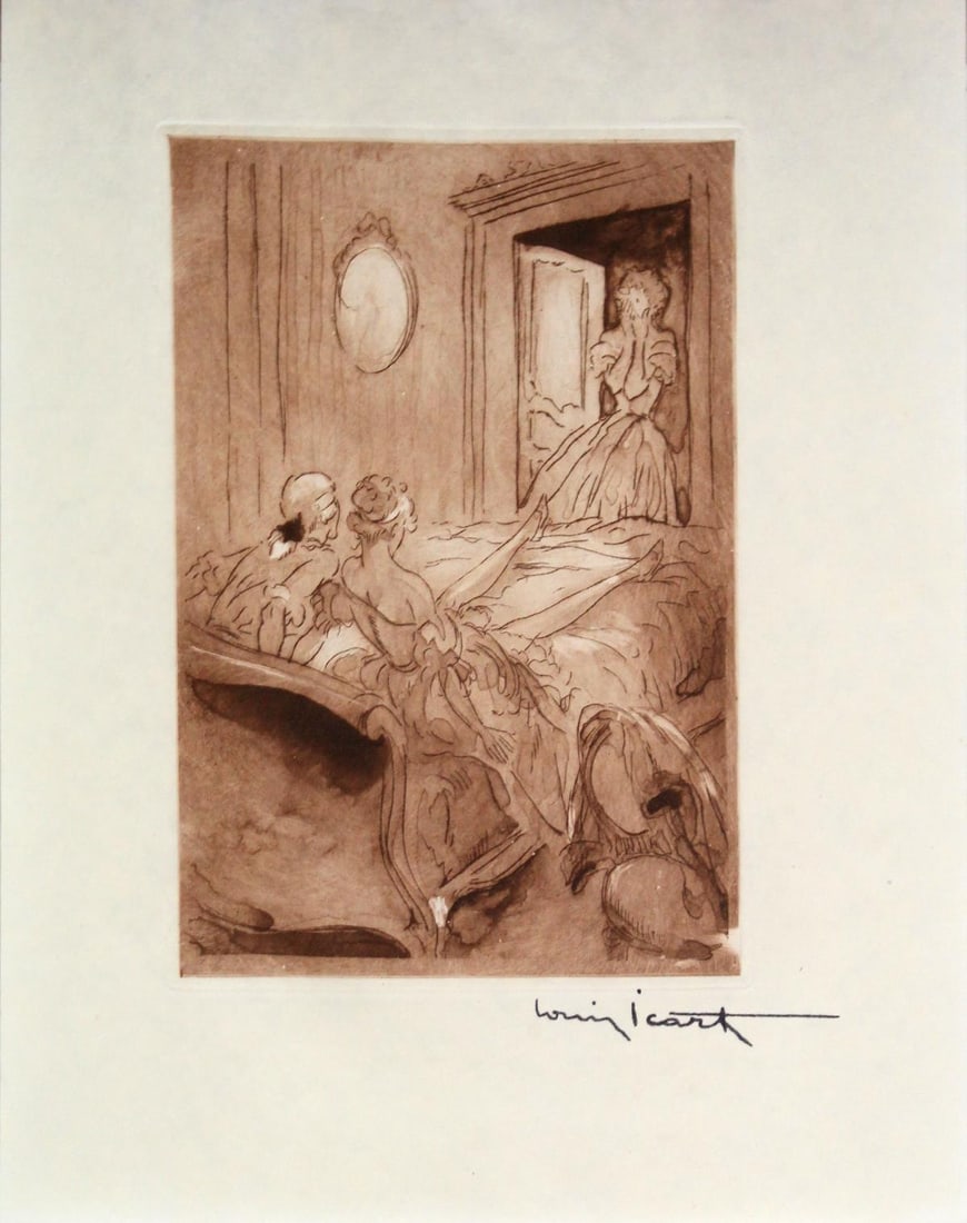 Louis Icart - What a Suprise: Artist: Louis Icart Title: What a Suprise Year: 1946 Dimensions: 11in. by 8.5in. Edition: From the rare limited edition of 125 Publisher: Claude Prosper de Crebillon