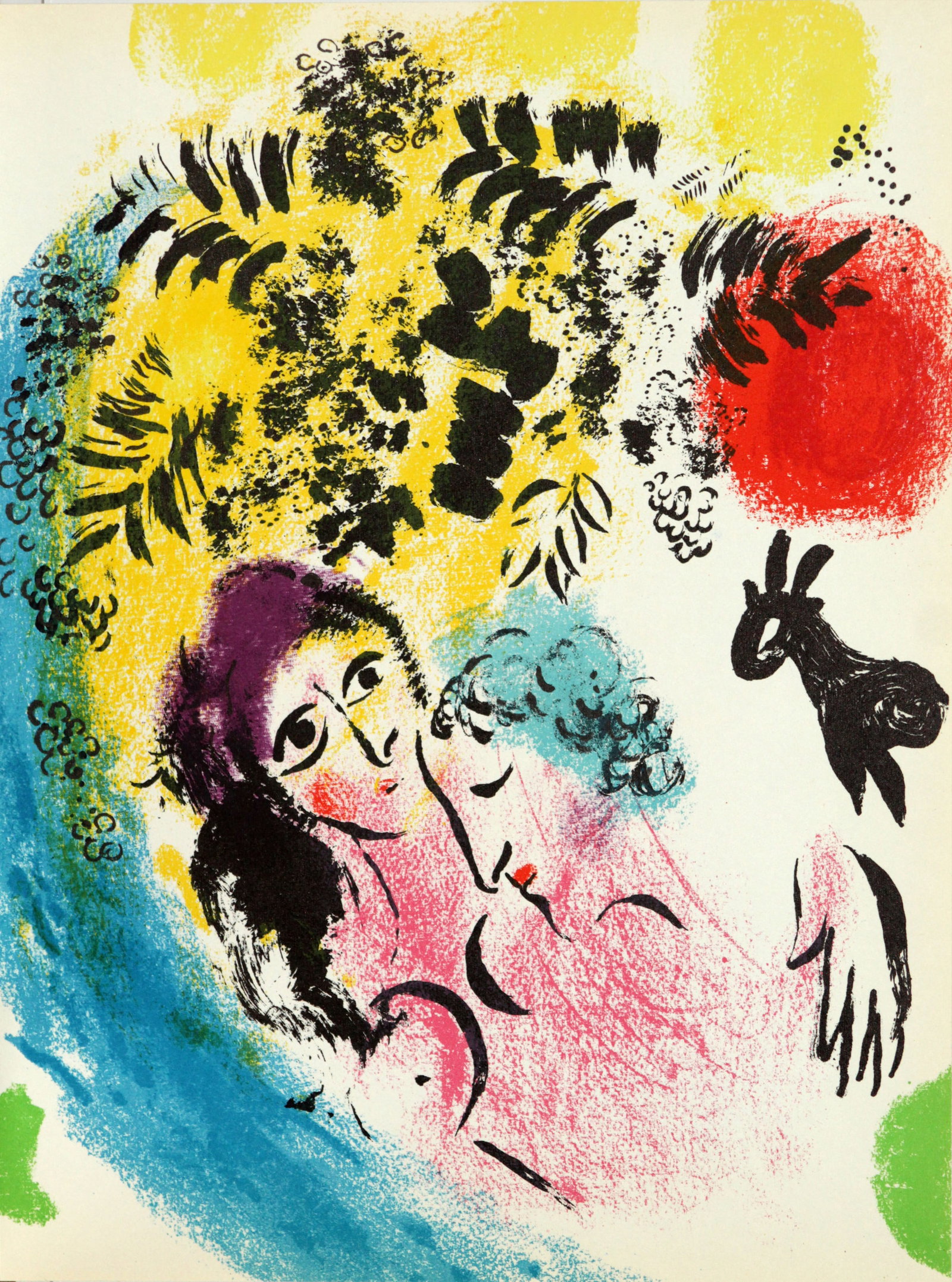 Marc Chagall - Lovers with Red Sun: Artist: Marc Chagall Title: Lovers with Red Sun Year: 1960 Dimensions: 12 1/2 x 9 1/2 in. Edition: 3 from the limited edition of 100 Publisher: Andre Sauret, Mo