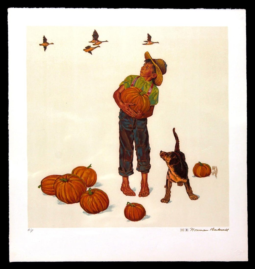 Norman Rockwell - Autumn Harvest: Artist: Norman Rockwell Title: Autumn Harvest Year: 1977 Dimensions: 28.5in. by 23.5in. Edition: from the limited edition of 200 Suite: Encore Edition Medium: Original lithograph on paper Condition: