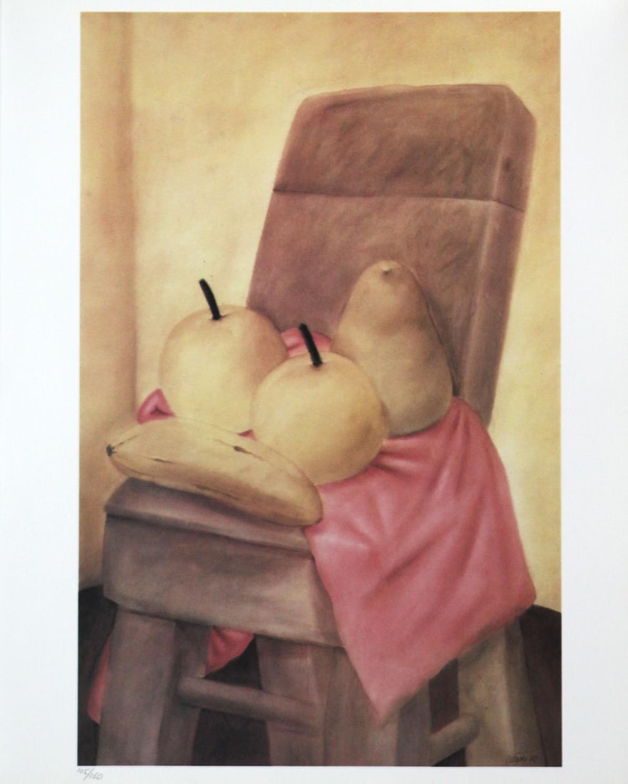 Fernando Botero (After) - Fruit on a Chair: Artist: Fernando Botero (After) Title: Untitled From "Dessins et Aquarelles" Year: 1984 Dimensions: 13in. by 15.75in. Edition: From the limited edition Publisher: Editions de la Difference, pub.