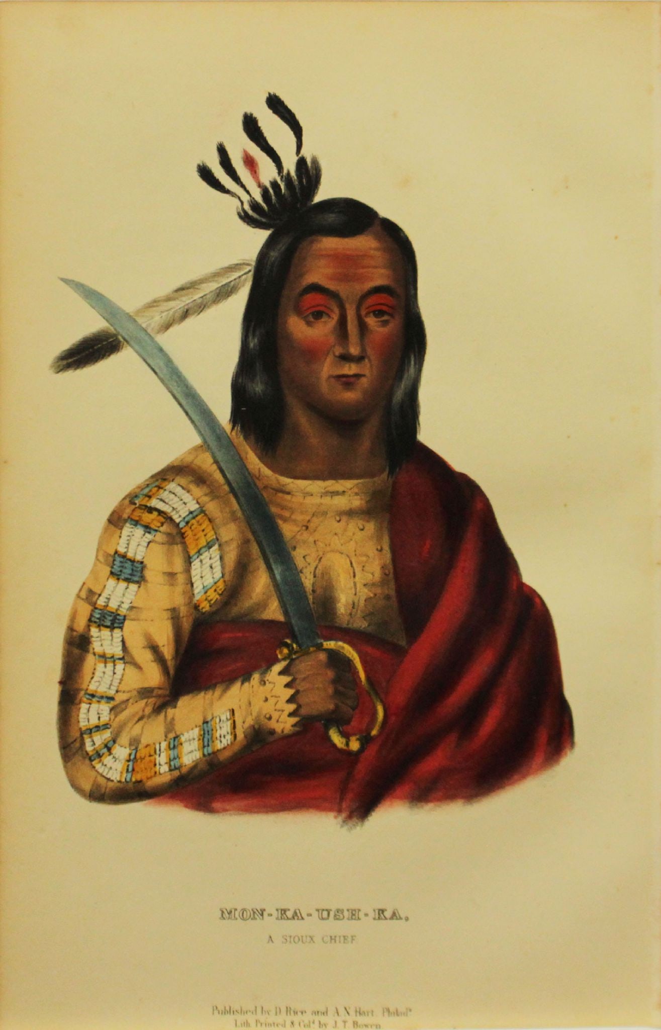 Charles Bird King - Mon Ka Ush Ka A Sioux Chief: Artist: Charles Bird King Title: Mon Ka Ush Ka A Sioux Chief Year: 1858 Dimensions: 10 1/2 x 6 3/4 in. Edition: From the Rare Limited Edition Publisher: D. Rice and A.N. Hart, Philadelphia Suite: