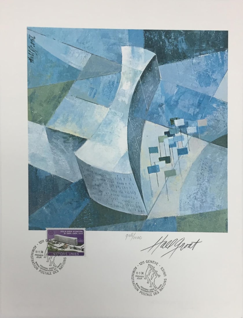 Hall Groat - Siege du Bureau International du Travail: Artist: Hall Groat Title: Siege du Bureau International du Travail Year: 1974 Dimensions: 8.5in. by 11in. Edition: From the Rare Limited Edition of 1000 Publisher: World Federation of United Nations