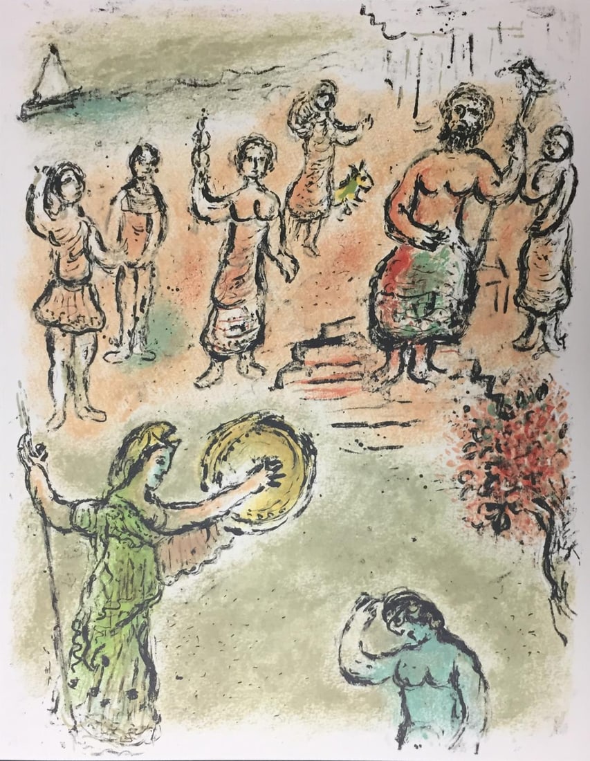 Marc Chagall - Gathering of the Gods (After): Artist: Marc Chagall Title: Gathering of the Gods Year: 1989 Dimensions: 11 5/8in. by 14 3/4in. Edition: From the Rare Limited Edition of 2500 Publisher: Daco-Verlag Gunter Blase Stuttgart Suite: Die