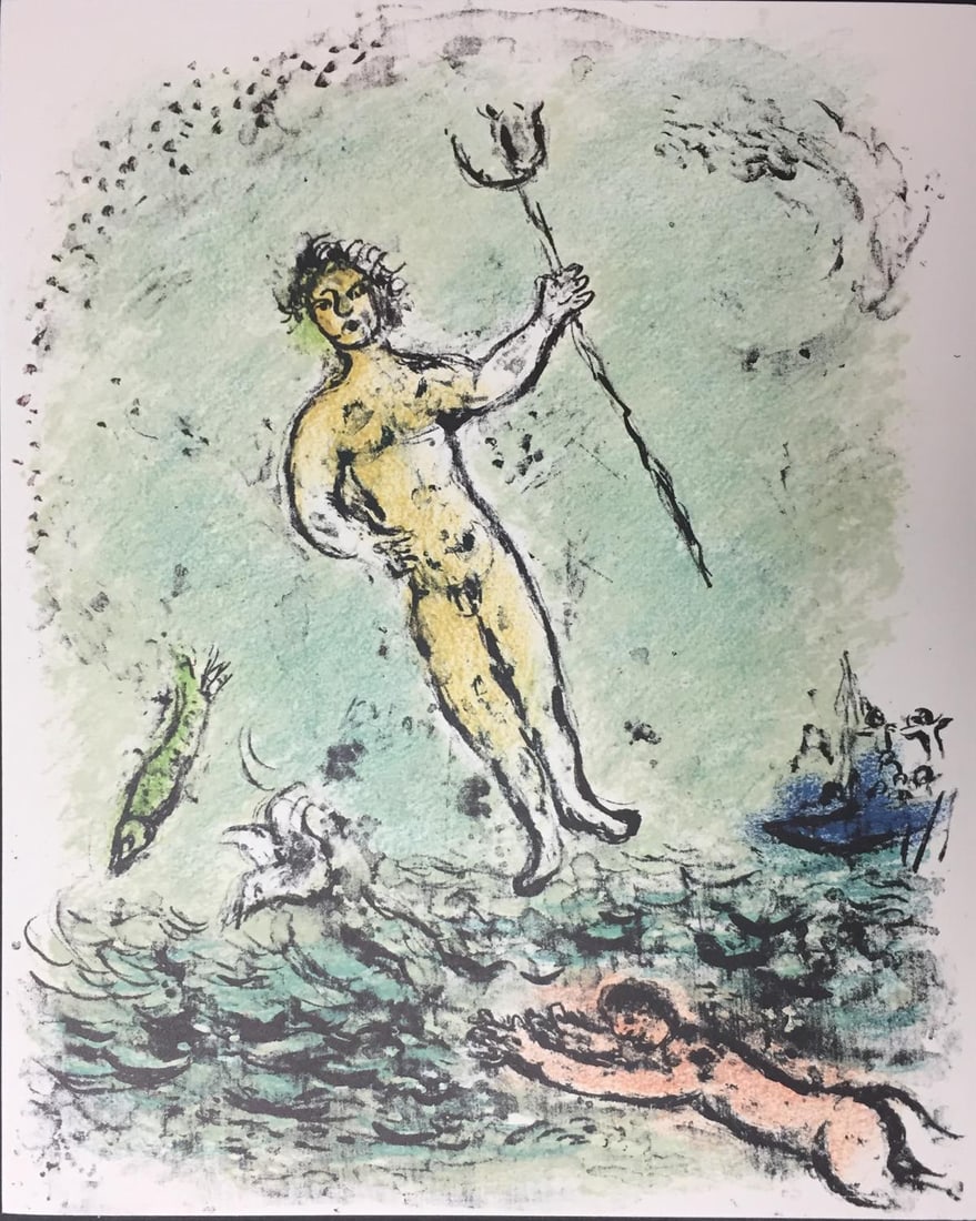 Marc Chagall - Poseidon (After): Artist: Marc Chagall Title: Poseidon Year: 1989 Dimensions: 11 5/8in. by 14 3/4in. Edition: From the Rare Limited Edition of 2500 Publisher: Daco-Verlag Gunter Blase Stuttgart Suite: Die Odyssee