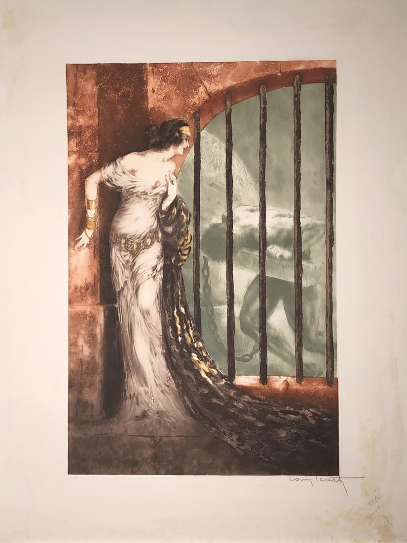 Louis Icart - Dalila: Artist: Louis Icart Title: Dalila Year: 1929 Dimensions: 20 3/8in. by 13 1/2in. Edition: From the rare limited edition Medium: Original drypoint etching with hand coloring on paper Condition: