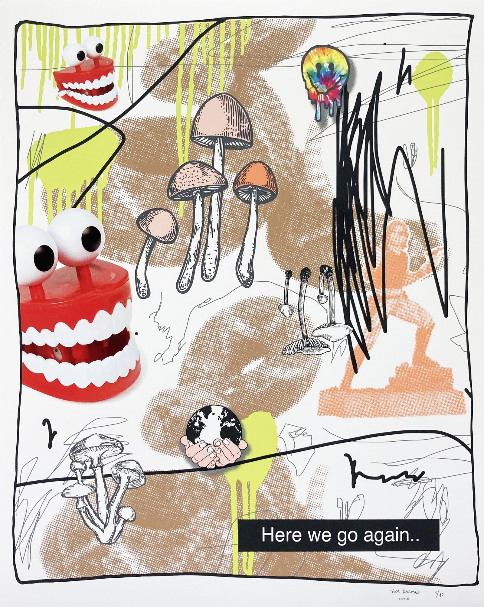 Josh Reames - Here We Go Again: Artist: Josh Reames Title: Here We Go Again Dimensions: 30in. by 24in. Edition: From the rare limited edition of 40 Publisher: POP!NK Editions Medium: 4-color process CMYK 7 spot colors on 160 lb