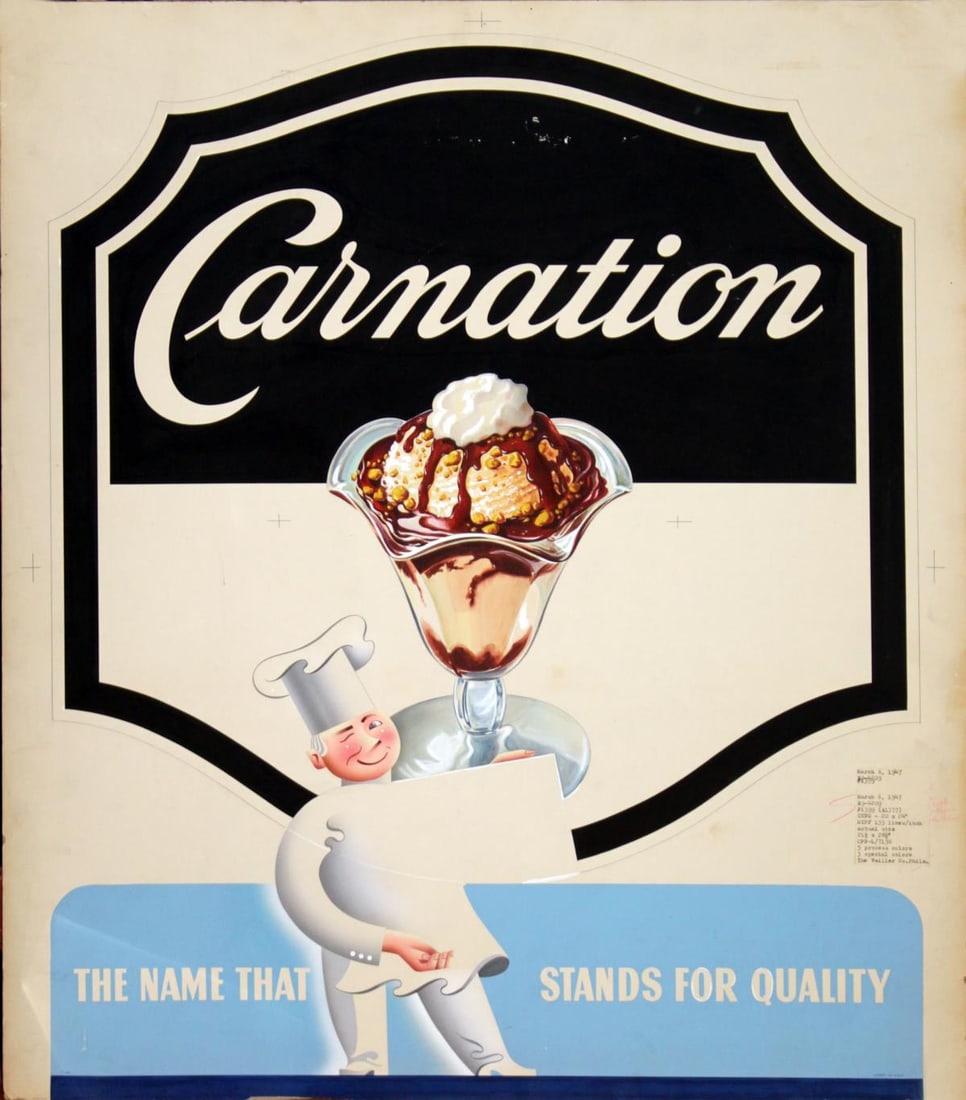 Vintage Poster - Carnation Ice Cream Ad: Artist: Vintage Poster Title: Carnation Ice Cream Ad Dimensions: 29.5in. by 24in. Edition: From the rare limited edition Medium: Original lithograph on board Condition: Excellent Signature Details: