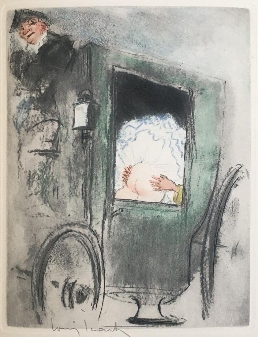 Louis Icart - In the Coach: Artist: Louis Icart Title: In the Coach Year: 1947 Dimensions: 11in. by 8.5in. Edition: From the rare limited edition Publisher: Georges Guillot Editeur: Paris Suite: Felecia ou Mes Fredaines Medium: