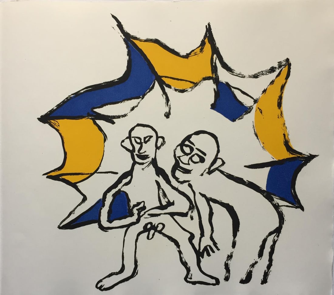 Alexander Calder - Untitled (Two Figures with Blue and: Artist: Alexander Calder Title: Untitled (Two Figures with Blue and Yellow) Year: 1976 Dimensions: 16 1/4in. by 17 3/4in. Edition: From the Rare Limited Edition of 200 Publisher: Maeght Suite: Le