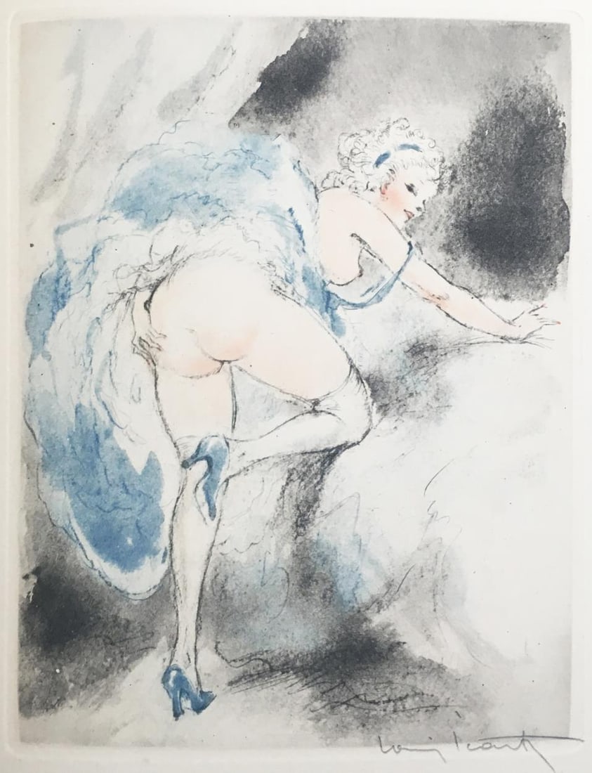 Louis Icart - Itching for Love: Artist: Louis Icart Title: Itching for Love Year: 1947 Dimensions: 11in. by 8.5in. Edition: From the rare limited edition of 500 Publisher: Georges Guillot Editeur: Paris Suite: Felecia ou Mes