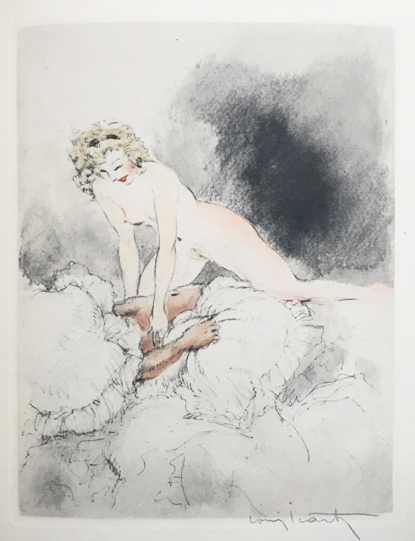 Louis Icart - Lie Back: Artist: Louis Icart Title: Lie Back Year: 1947 Dimensions: 11in. by 8.5in. Edition: From the rare limited edition Publisher: Georges Guillot Editeur: Paris Suite: Felecia ou Mes Fredaines Medium:
