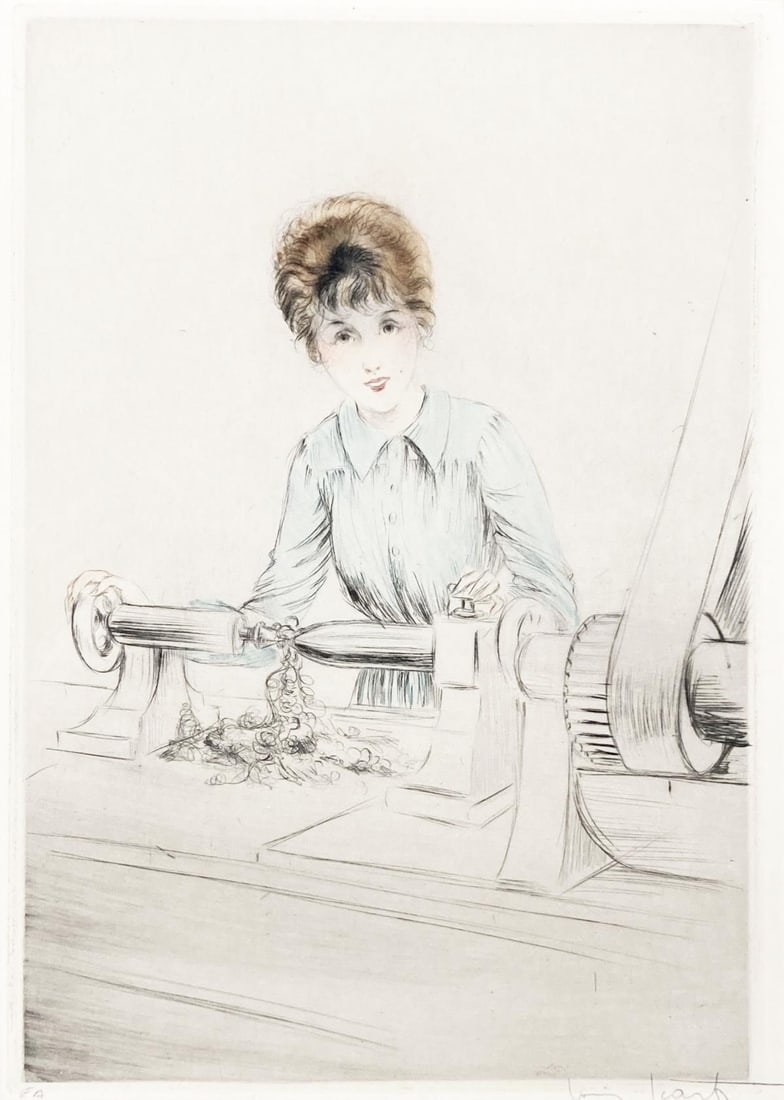 Louis Icart - The One Who Works: Artist: Louis Icart Title: The One Who Works Year: 1917 Dimensions: 7.5in. by 10.5in. Edition: From the rare limited edition Medium: Original drypoint etching on paper with hand watercoloring