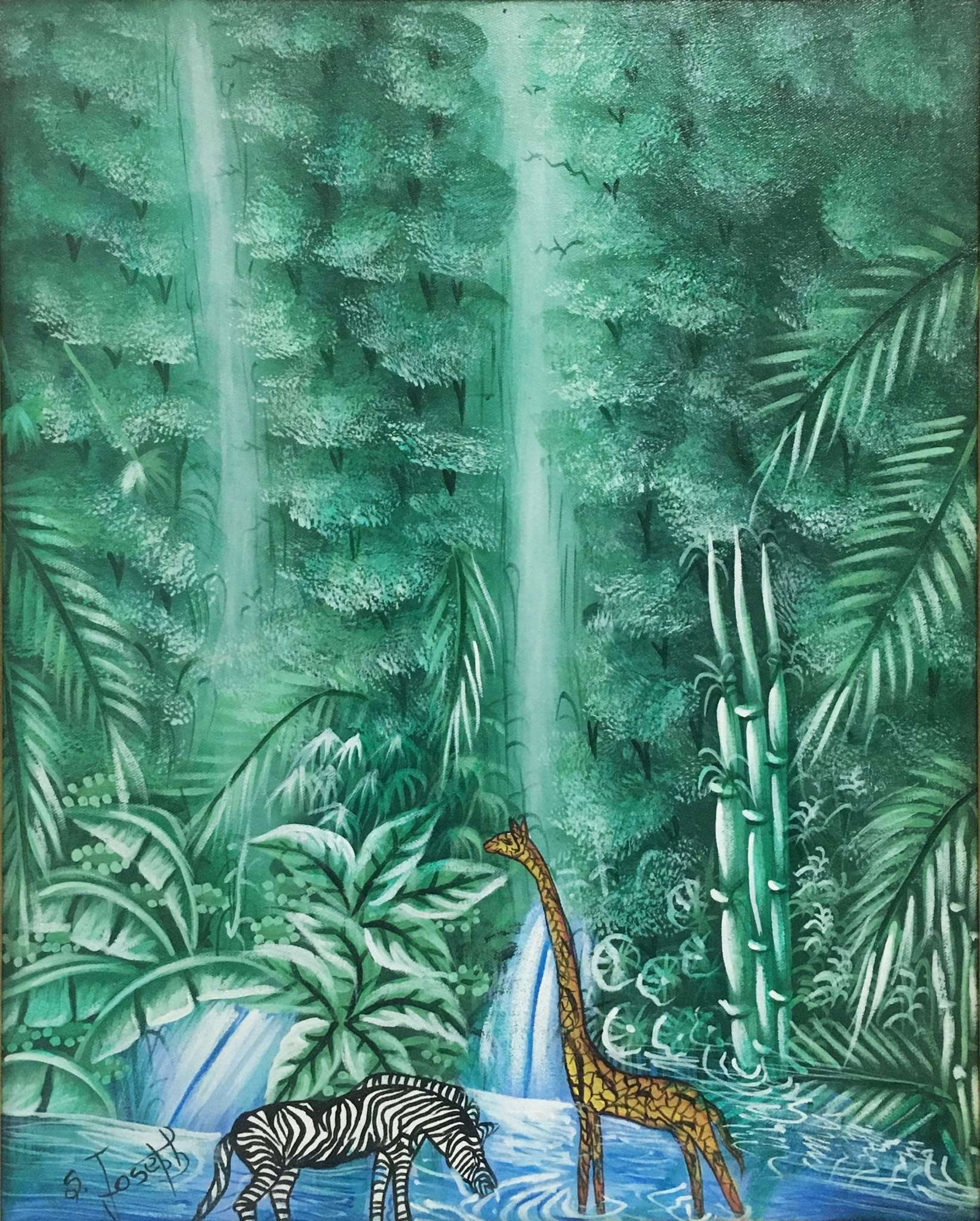 S. Joseph - Giraffe and Zebra in the Jungle: Artist: S. Joseph Title: Giraffe and Zebra in the Jungle Dimensions: 20 x 16 in. Edition: Unique One of a Kind Artwork Medium: Original Oil on Canvas Condition: Excellent Signature Details: