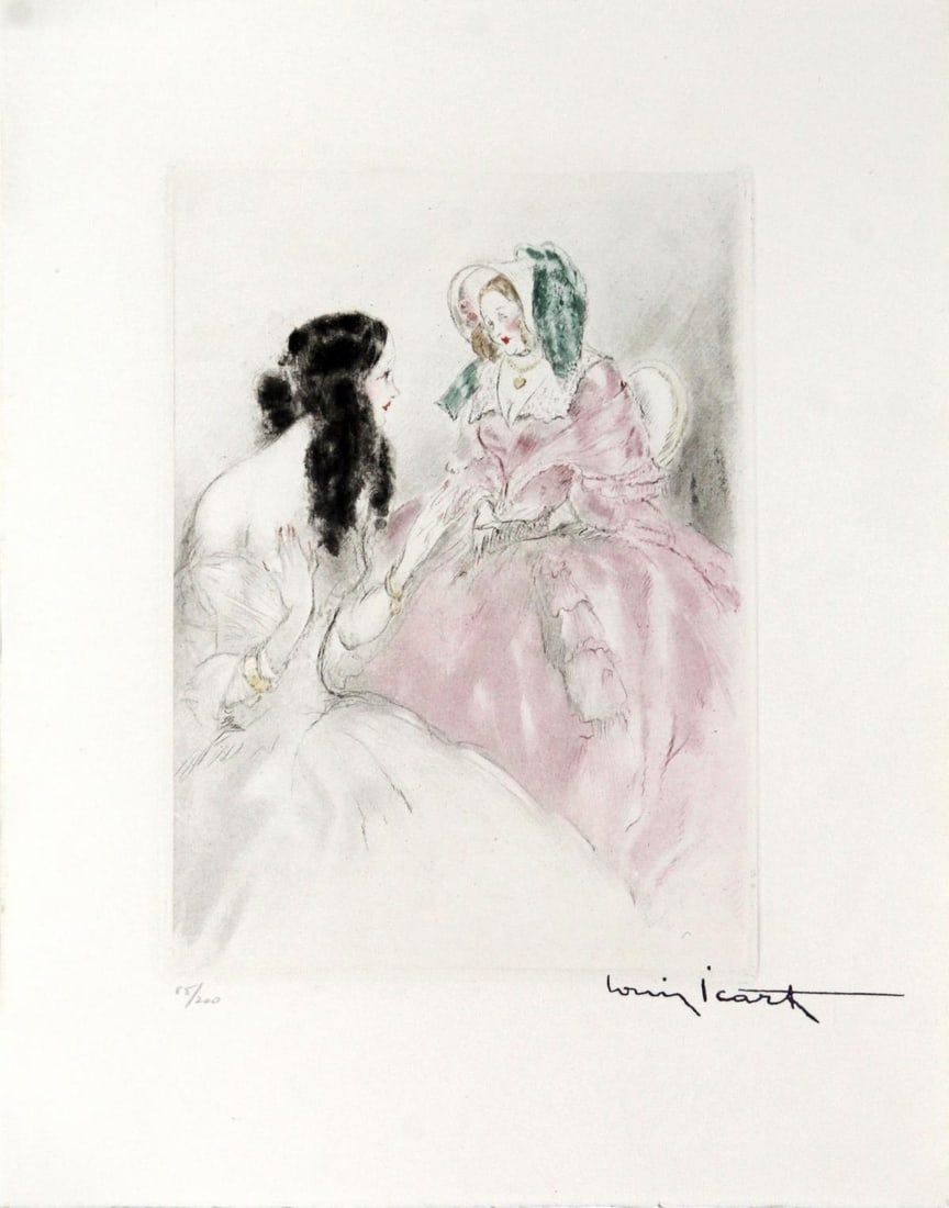 Louis Icart - Idle Gossip: Artist: Louis Icart Title: Idle Gossip Year: 1938 Dimensions: 9.5in. by 7.25in. Edition: From the rare limited edition of 200 Publisher: Georges Guillot Editeur; Paris Suite: La Dame aux Camelias