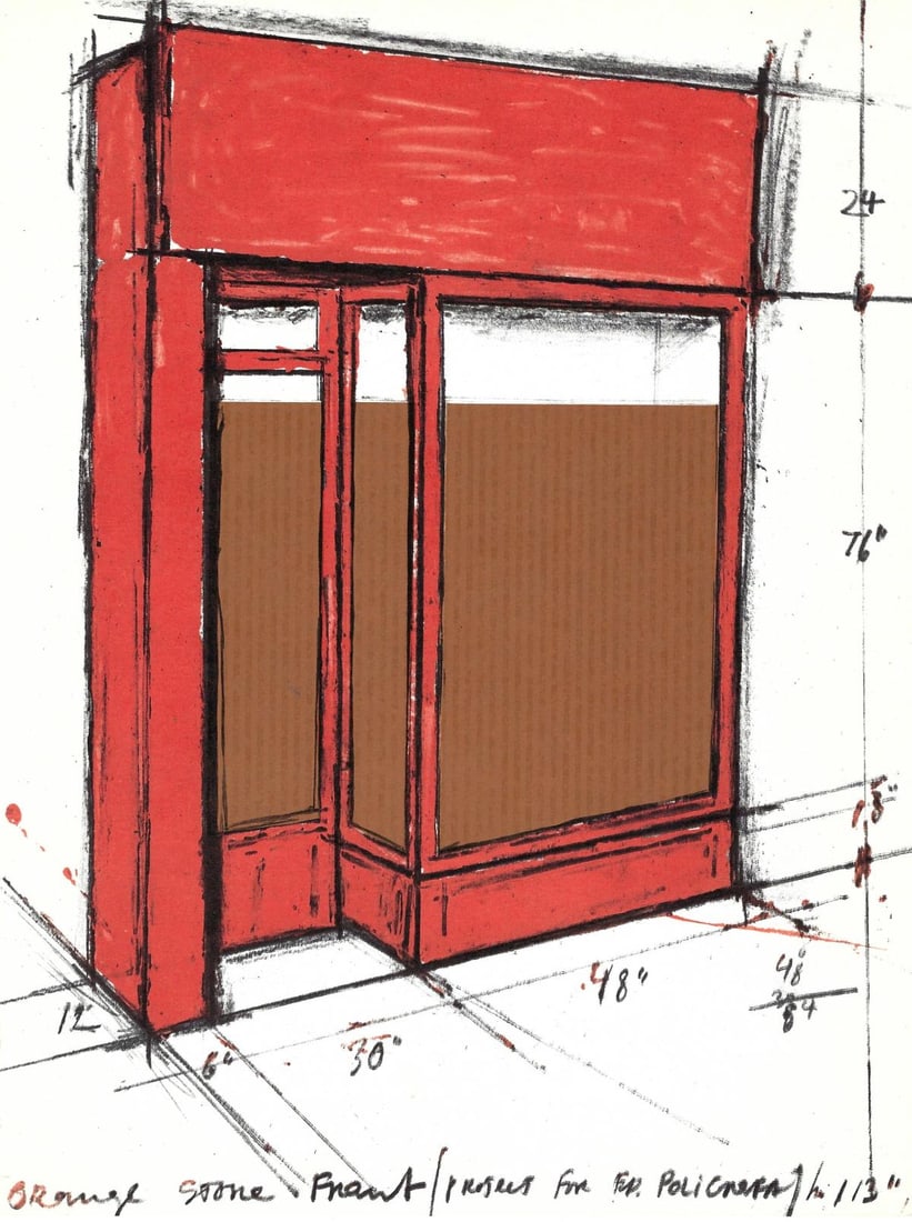 Christo - Orange Store Front: Artist: Christo Title: Orange Store Front Year: 1964 Dimensions: 7.5in. by 10in. Edition: From the rare limited edition Publisher: Redfern Gallery Suite: The Lithography at Mourlot Printing Press by