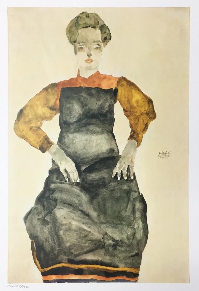 Egon Schiele (After) - Girl Sitting in Black Apron: Artist: Egon Schiele (After) Title: Girl Sitting in Black Apron 1911 Year: 1982 Dimensions: 16 1/4in. by 12 1/8in. Publisher: Mazzotta 1982 Suite: Erotic Drawings Medium: Offset Lithograph Signature