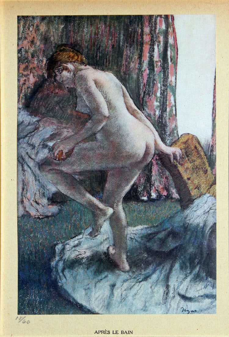 Edgar Degas (after) - Apres le bain: Artist: Edgar Degas (after) Title: Apres le bain Year: 1919 Dimensions: 9in. by 5.5in. Edition: From the rare limited deluxe edition of 60 Publisher: Imprimerie J. Langlois Faubourg St-Martin Paris