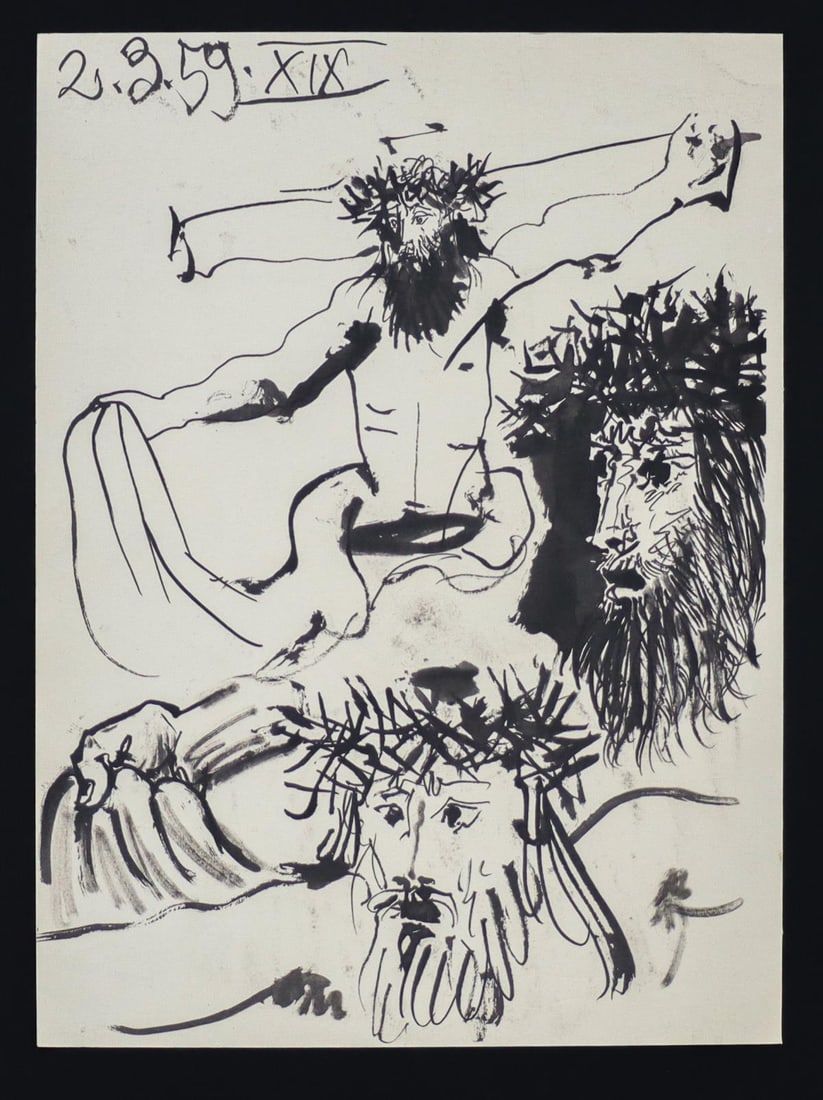 Pablo Picasso (After - Jesus on the cross (2.3.59. XIX): Artist: Pablo Picasso (After) Title: Jesus on the cross (2.3.59. XIX) Year: 1959 Dimensions: 10.5in. by 14.5in. Edition: From the rare limited edition Suite: Toros y Toreros Medium: Original offset