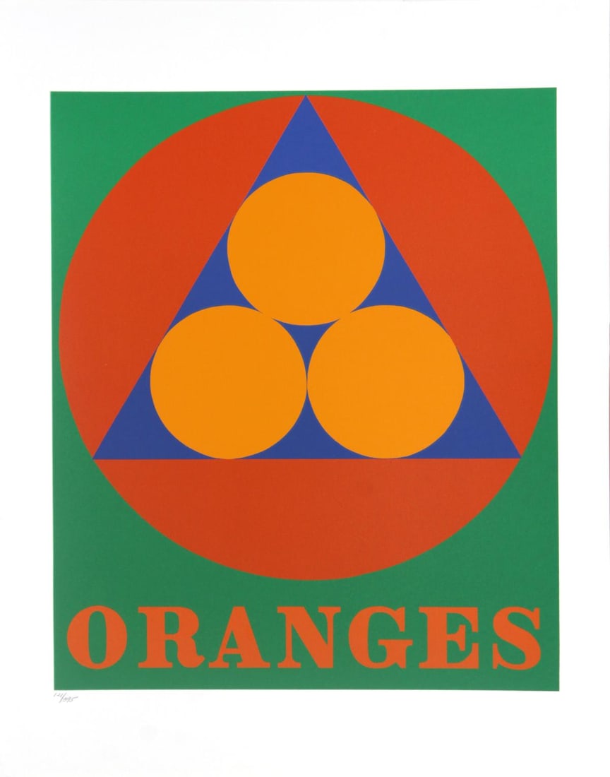 Robert Indiana - Oranges: Artist: Robert Indiana Title: Oranges Year: 1997 Dimensions: 22.5in. by 17.5in. Edition: From the limited edition of 395 Publisher: Marco Fine Arts Contemporary Atelier El Segundo Suite: The American