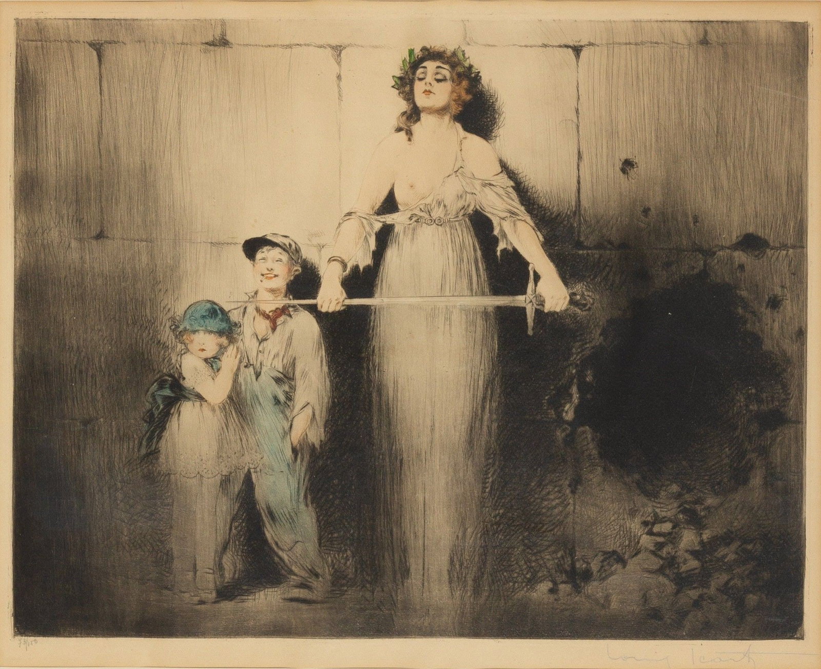Louis Icart - Inquest: Artist: Louis Icart Title: Inquest Year: 1917 Dimensions: 15 1/8 x 19 1/8 in. Edition: 73 from the limited edition 150 Medium: Etching, drypoint and aquatint with hand-coloring on paper Condition:
