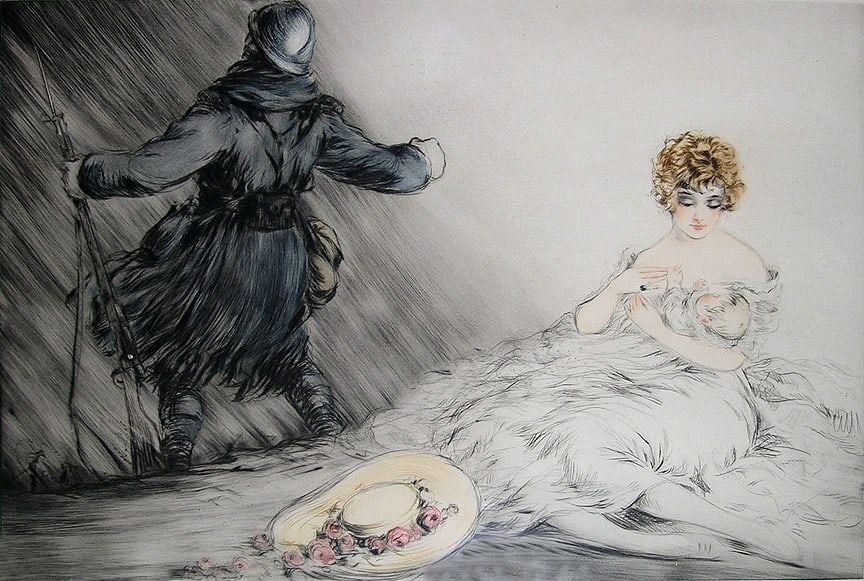 Louis Icart - Defense of the Homeland: Artist: Louis Icart Title: Defense of the Homeland Year: 1917 Dimensions: 19 x 23 1/2 in. Edition: A unique and original work of art Medium: Original Etching on Paper Condition: Excellent Signature