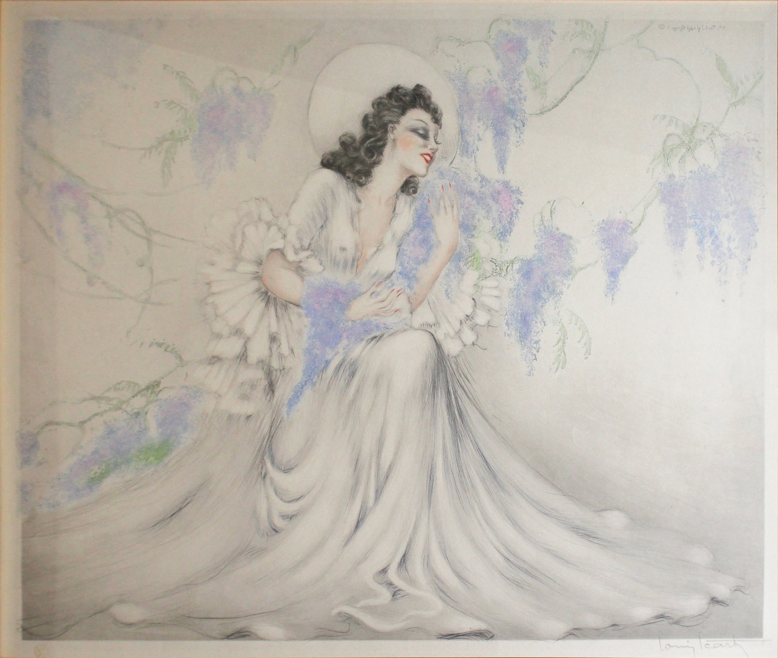 Louis Icart - Wisteria, La Glycine: Artist: Louis Icart Title: Wisteria, La Glycine Year: 1940 Dimensions: 17 3/8 x 21 1/4 in. Edition: From the rare limited edition Medium: Original drypoint etching with hand coloring on paper