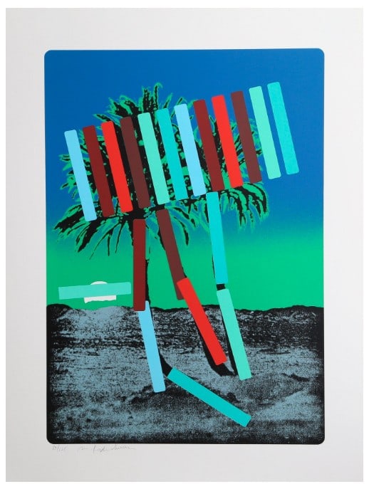 Menashe Kadishman - Teal and Red Palm: Artist: Menashe Kadishman Title: Teal and Red Palm Year: 1979 Dimensions: 39 1/2 x 29 1/2 in. Edition: Numbered from the rare limited edition of 125 Medium: Original screenprint on paper Condition: