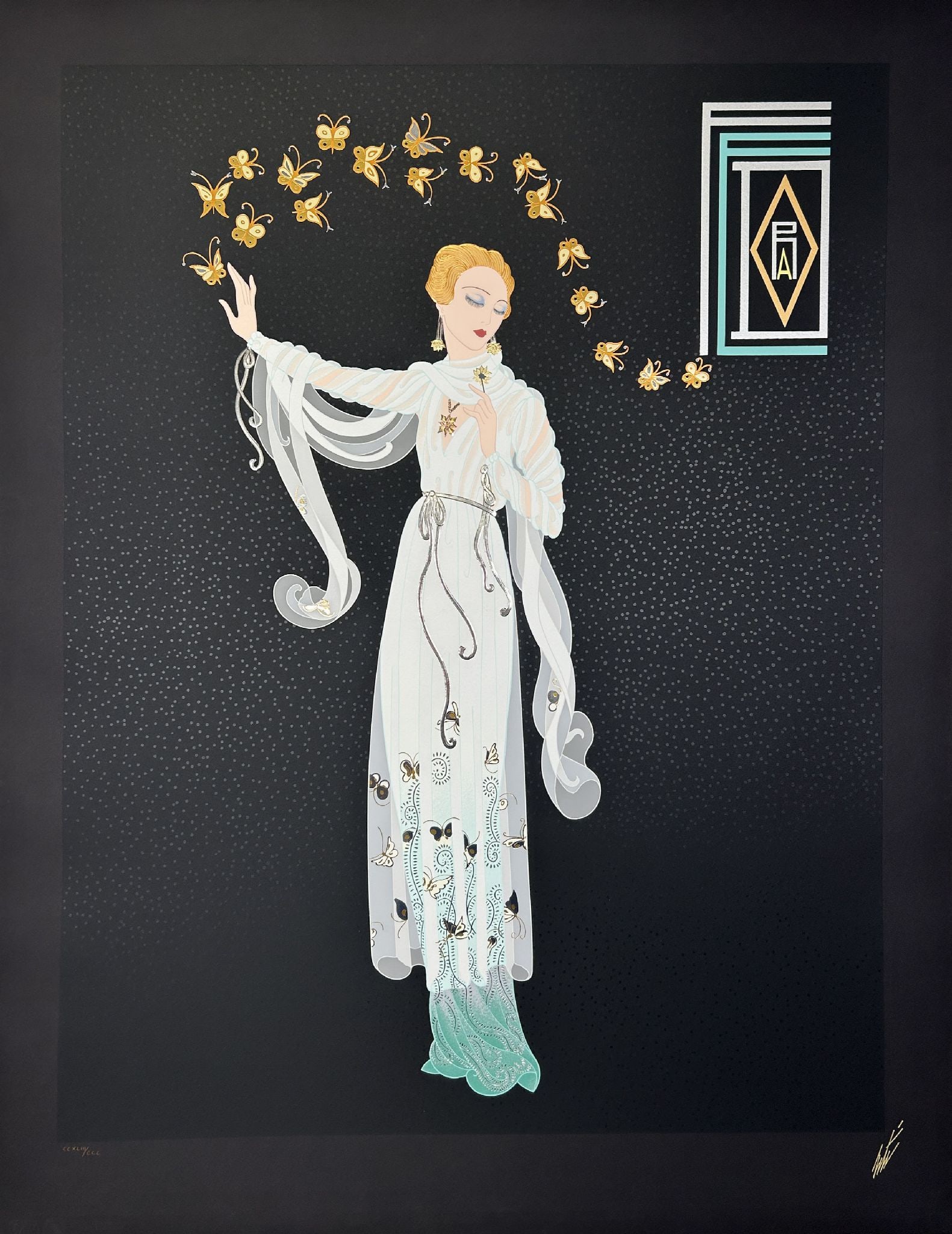 Erte - Fedora Butterfly: Artist: Erte Title: Fedora Butterfly Year: 1990 Dimensions: 39 1/2 x 30 1/2 in. Edition: 49 from the limited Artist Proof edition of 50, aside from the edition of 300 Publisher: Chalk & Vermilion
