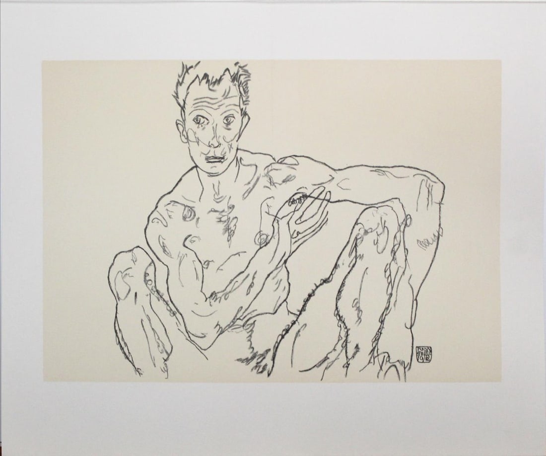 Egon Schiele (After) - Crouching Male Nude (Self: Artist: Egon Schiele (After) Title: Crouching Male Nude (Self Portrait) Year: 2007 Dimensions: 25 3/8in. by 19 5/8in. Edition: From the rare limited edition Publisher: Editions Anthese Paris Suite: