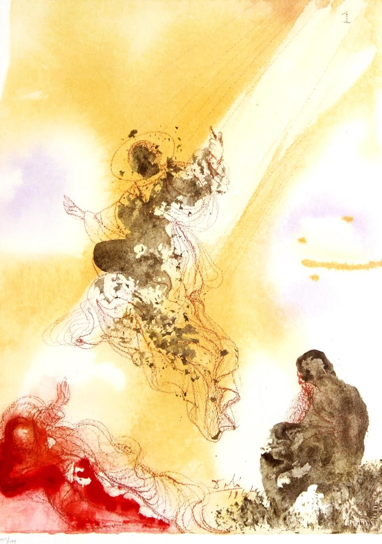 Salvador Dali - Sanctus Raphael et Tobias: Artist: Salvador Dali Title: Sanctus Raphael et Tobias Year: 1969 Dimensions: 19in. by 13.75in. Edition: From the limited edition of 1499 Publisher: Rizzoli Editions Milan Suite: Biblia Sacra Medium: