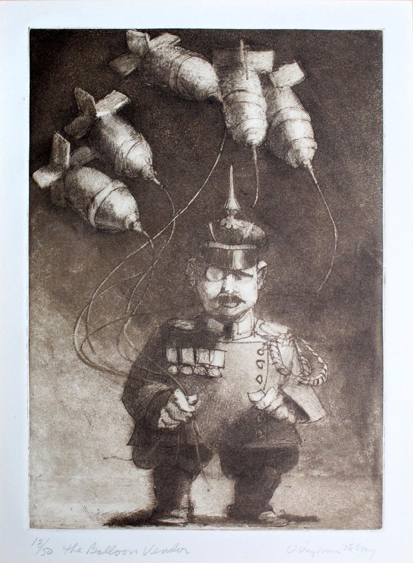 Hank Virgona - The Balloon Vendor: Artist: Hank Virgona Title: The Balloon Vendor Year: 1978 Dimensions: 6 3/4in. by 8 3/4in. Edition: From the rare limited edition of 50 Medium: Original etching on paper Condition: Excellent