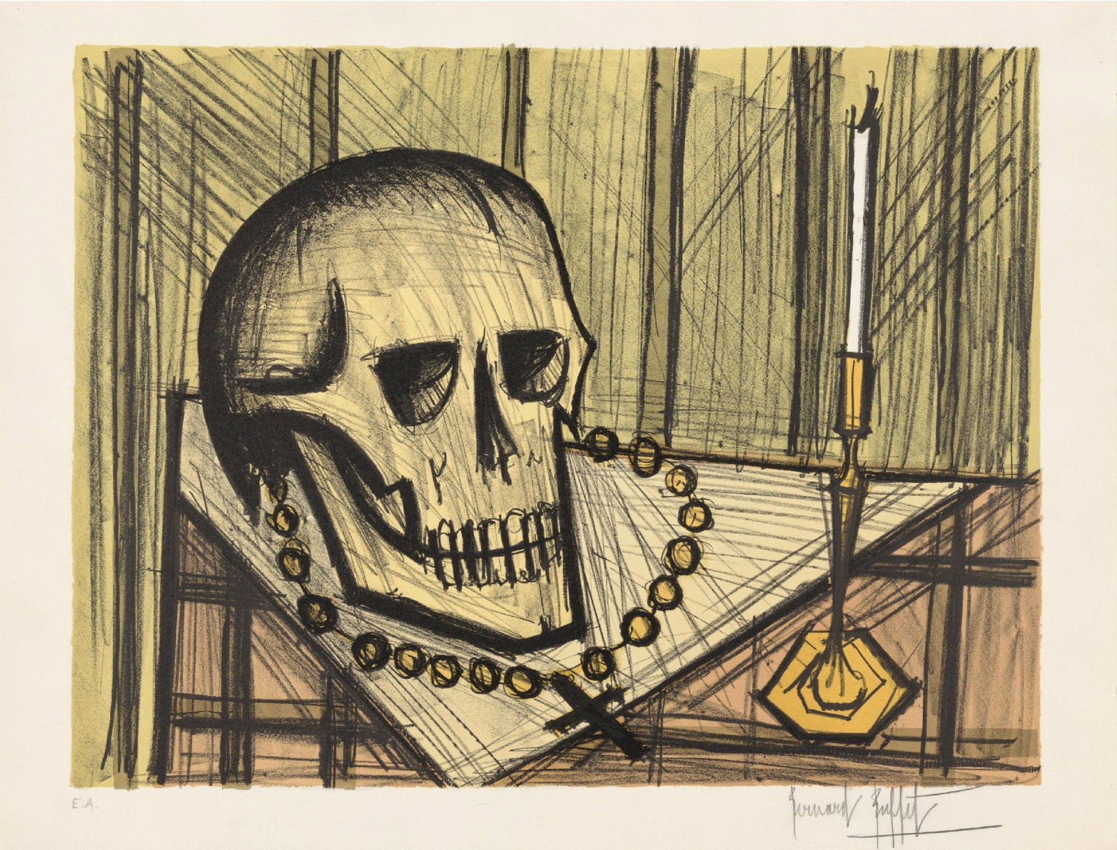 Bernard Buffet - Vanite au Crane (Vanitas): Artist: Bernard Buffet Title: Vanite au Crane (Vanitas) Year: 1955 Dimensions: 22 3/4 x 29 3/4 in. Edition: an ?preuve d'artiste proof, aside from the regular edition Publisher: Editions Mourlot,