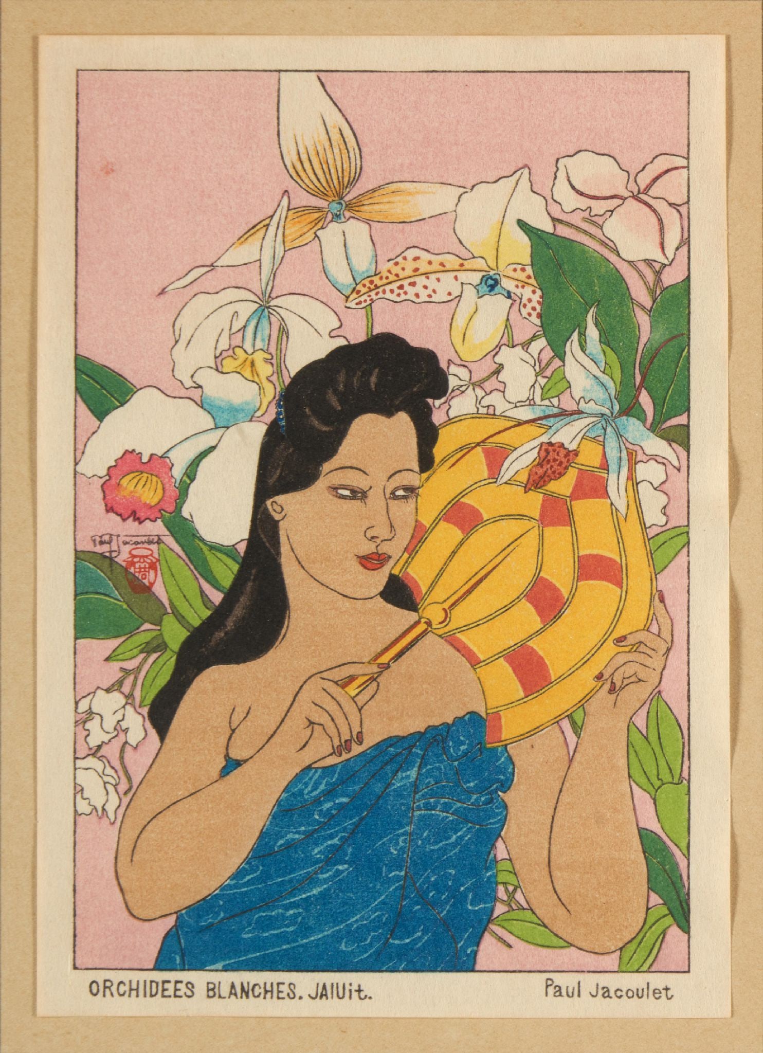 Paul Jacoulet - Orchidees Blanches: Artist: Paul Jacoulet Title: Orchidees Blanches Dimensions: 6 1/4 x 4 3/8 in. Medium: Orignal color woodcut on paper Condition: Excellent Signature Details: Hand signed and stamped Notes: Miles 163