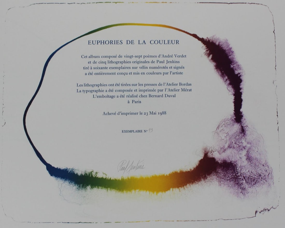 Paul Jenkins - Title Page from "Euphories de la: Artist: Paul Jenkins Title: Title Page from "Euphories de la Couleur" Year: 1988 Dimensions: 22in. by 30in. Edition: From the rare limited edition of 60 Medium: Original lithograph in colors