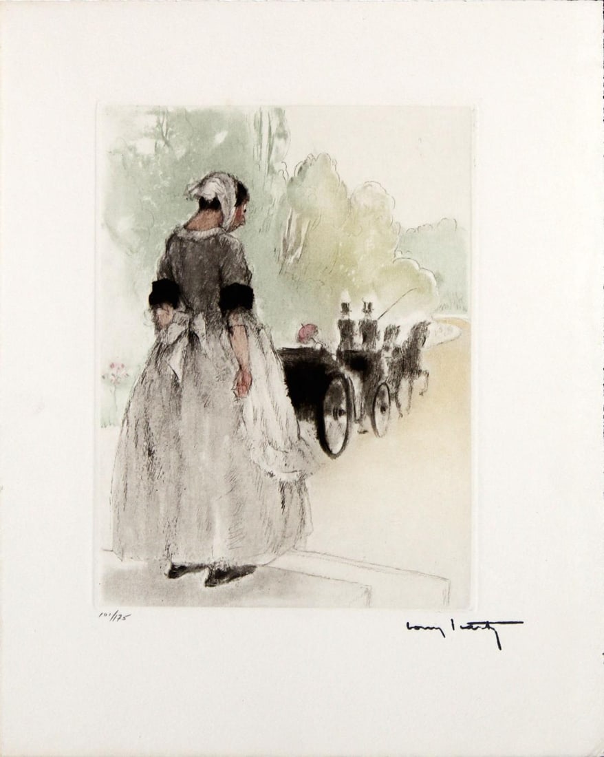Louis Icart - Under the Weather: Artist: Louis Icart Title: Under the Weather Year: 1938 Dimensions: 11.25in. by 8.75in. Edition: From the rare limited edition of 250 Suite: La Dame aux Camelias Medium: Original etching on paper