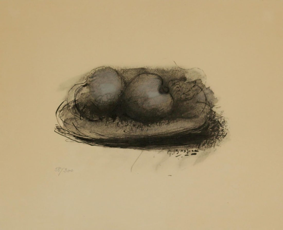 Georges Braque - Les Pommes: Artist: Georges Braque Title: Les Pommes Year: 1957 Dimensions: 15.75in. by 19in. Edition: From the rare limited edition of 300 Publisher: Au Vent d'Arles, Paris, 1957 Suite: Espace Medium: Original