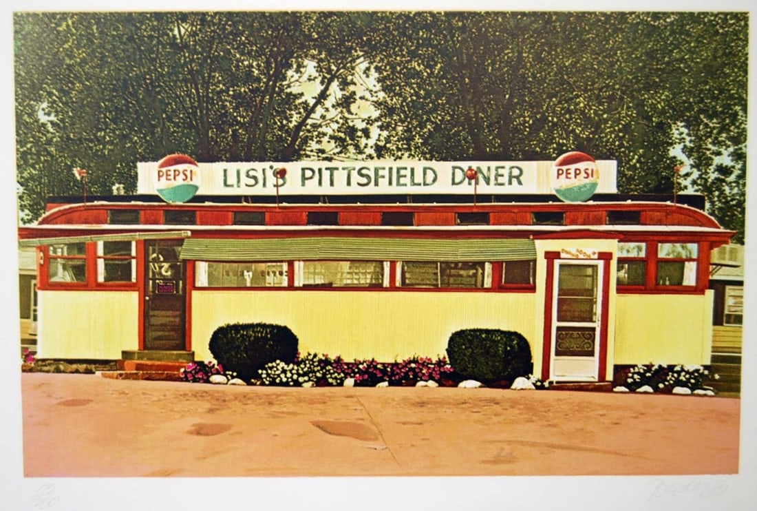 John Baeder - Lisi's Pittfield Diner: Artist: John Baeder Title: Lisi's Pittfield Diner Year: 1980 Dimensions: 22in. by 30in. Edition: From the rare limited edition Medium: Original serigraph on Somerset paper Condition: Excellent