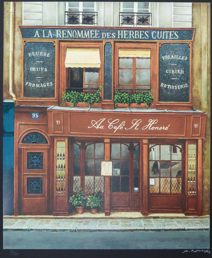 Andre Renoux - Cafe St. Honore: Artist: Andre Renoux Title: Cafe St. Honore Year: 1980 Dimensions: 23in. by 26.5in. Edition: 38 From the rare limited edition of 200 Medium: Original serigraph