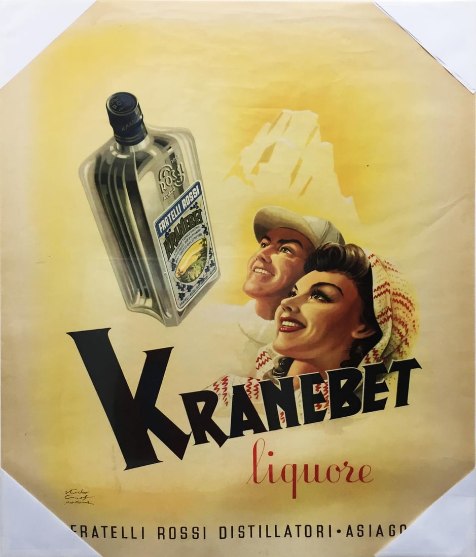 Studio Crof Padova (Vintage Poster) - Kranebet Liquore: Artist: Studio Crof Padova (Vintage Poster) Title: Kranebet Liquore Fratelli Rossi Distillatori Asiago Year: 1946 Dimensions: 28inin. by 36 1/2in. Publisher: Arti Grafiche Votta Desenzano Medium: