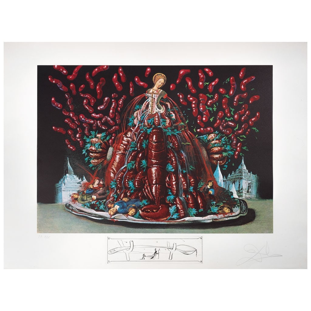 Salvador Dali - Autumn Cannibalisms: Artist: Salvador Dali Title: Autumn Cannibalisms Year: 1971 Dimensions: 22 x 29 1/2 in. Edition: Rare Artist's Proof edition of 50 Suite: Les Diners de Gala Medium: Color lithograph on Rives paper