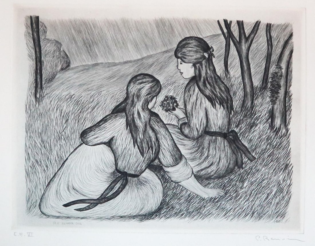 Pierre Roland Renoir - Jeunes filles assises: Artist: Pierre Roland Renoir Title: Jeunes filles assises ( young girls seated) Year: 1982 Dimensions: 9in. by 7in. Edition: E. A.(VI) from the rare edition Medium: Original etching on paper
