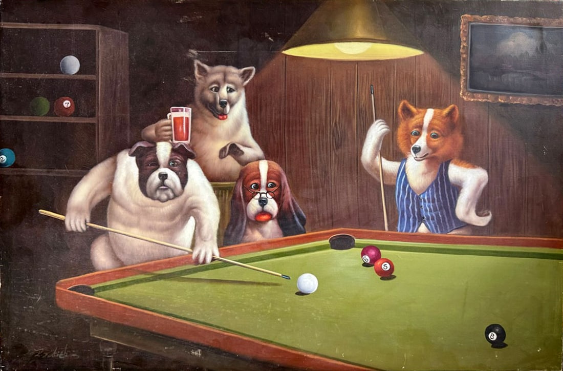 Unknown Artist - Billiards: Artist: Unknown Artist Title: Billiards Year: Dimensions: 36 x 24 1/2 in. Edition: One-of-a-Kind Painting Medium: Acrylic Paint on canvas Condition: