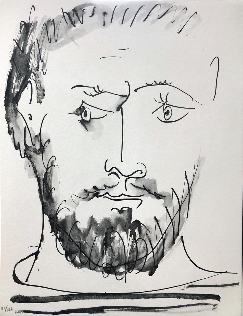 Pablo Picasso (After) - Visage d'homme de face trait et: Artist: Pablo Picasso (After) Title: Visage d'homme de face trait et lavis Year: 1957 Dimensions: 14 .5in. by 11in. Edition: From the rare limited edition of 226 Su