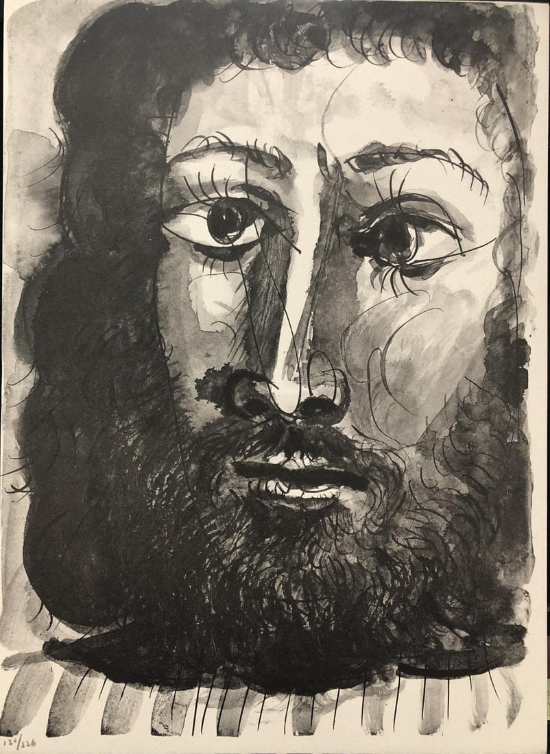 Pablo Picasso (After) - Visage d'homme barbu a epaisse: Artist: Pablo Picasso (After) Title: Visage d'homme barbu a epaisse Year: 1957 Dimensions: 14 .5in. by 11in. Edition: From the rare limited edition of 226 Suite: 40 Dessins de Picasso en Marge du