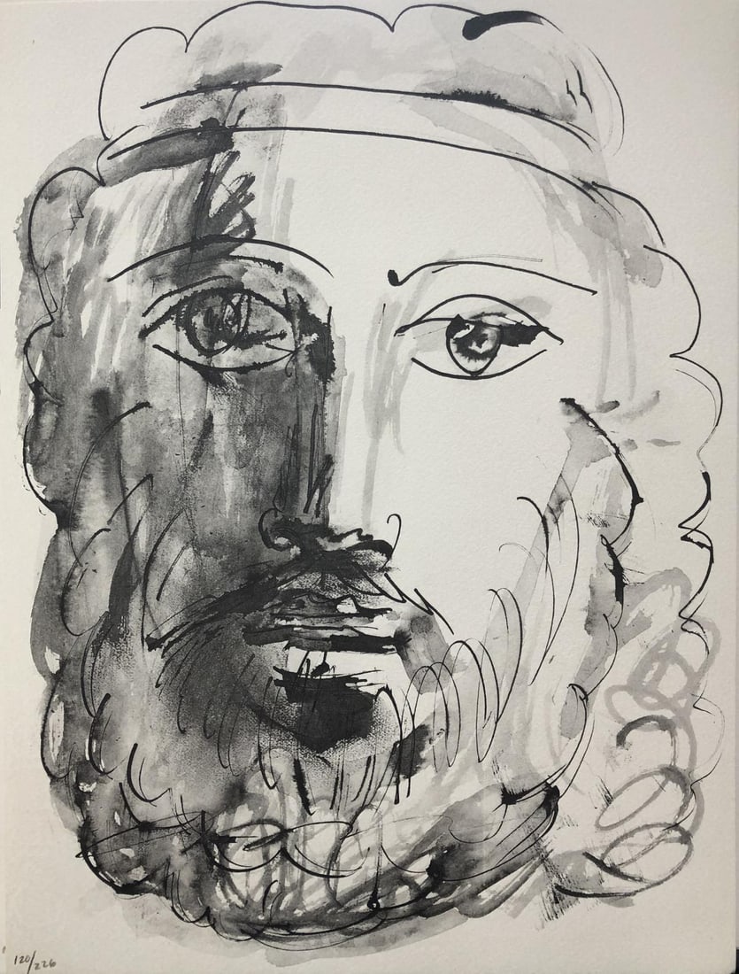 Pablo Picasso (After) - Visage d'homme au bandeau: Artist: Pablo Picasso (After) Title: Visage d'homme au bandeau Year: 1957 Dimensions: 14 .5in. by 11in. Edition: From the rare limited edition of 226 Suite: 40 Dessins de Picasso en Marge du Buffon.