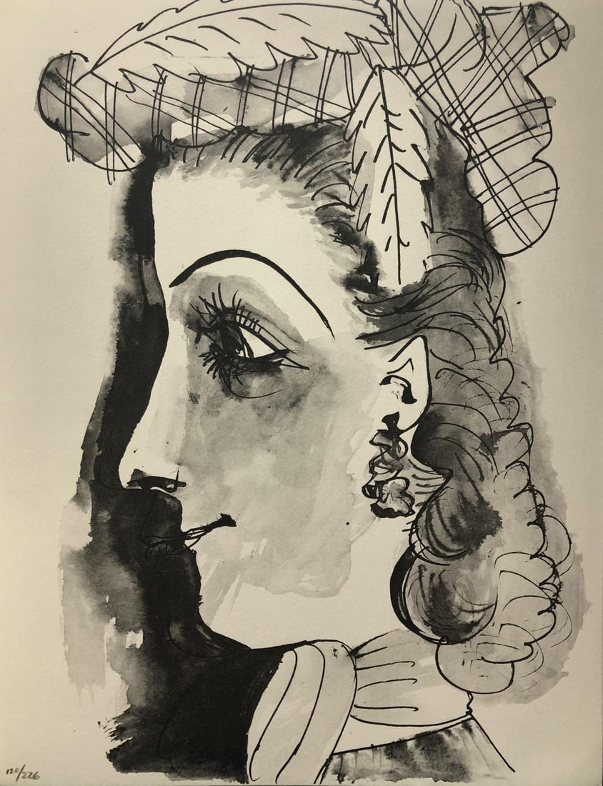 Pablo Picasso (After) - Profil de jeune fille en: Artist: Pablo Picasso (After) Title: Profil de jeune fille en chapeau trait et lavis Year: 1957 Dimensions: 14 .5in. by 11in. Edition: From the rare limited edition of 226